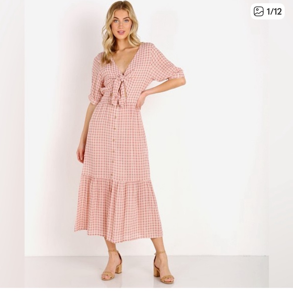 Faithfull the Brand Pink and Cream Plaid Check Midi Dress